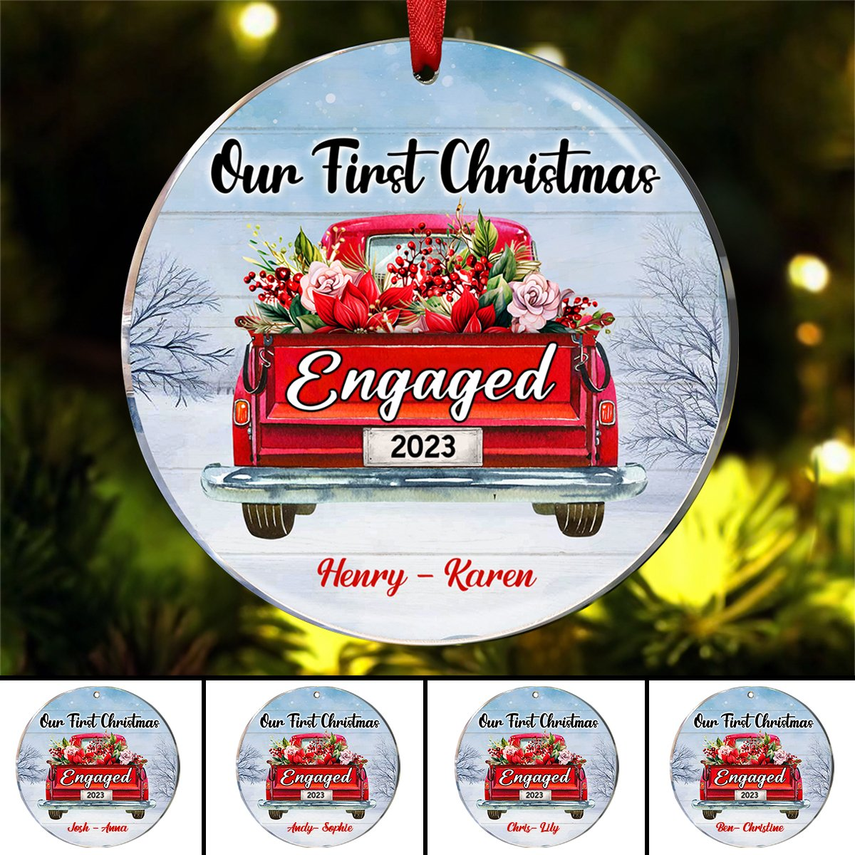 Couple - Red Truck Our First Christmas Engaged - Personalized Christmas Ornament