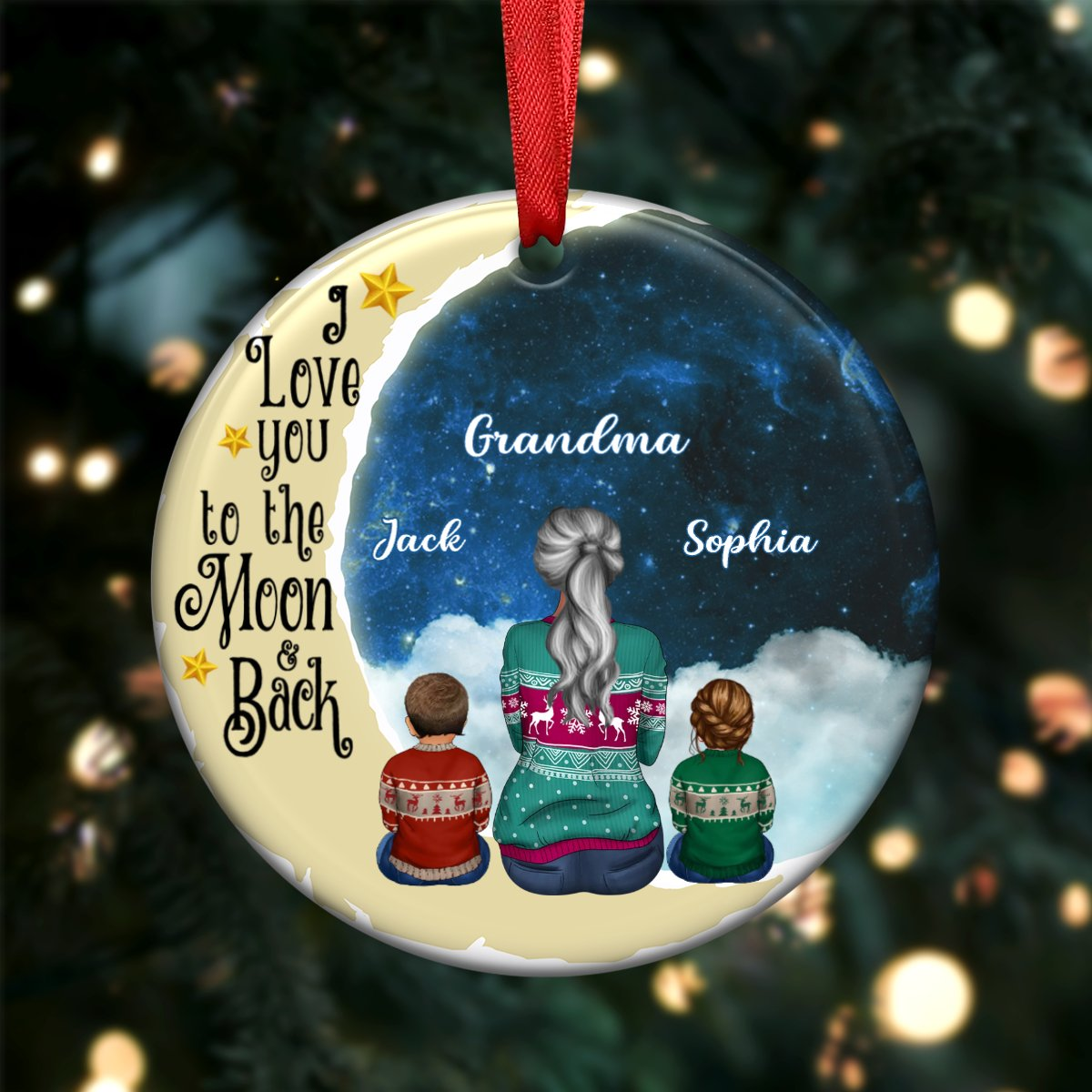 Grandma Grandkids - I love you to the moon and back - Personalized Circle Ornament (QA)